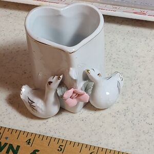 Vintage Ceramic Double White Swan With Pink Flower Trinket Holder 3"
